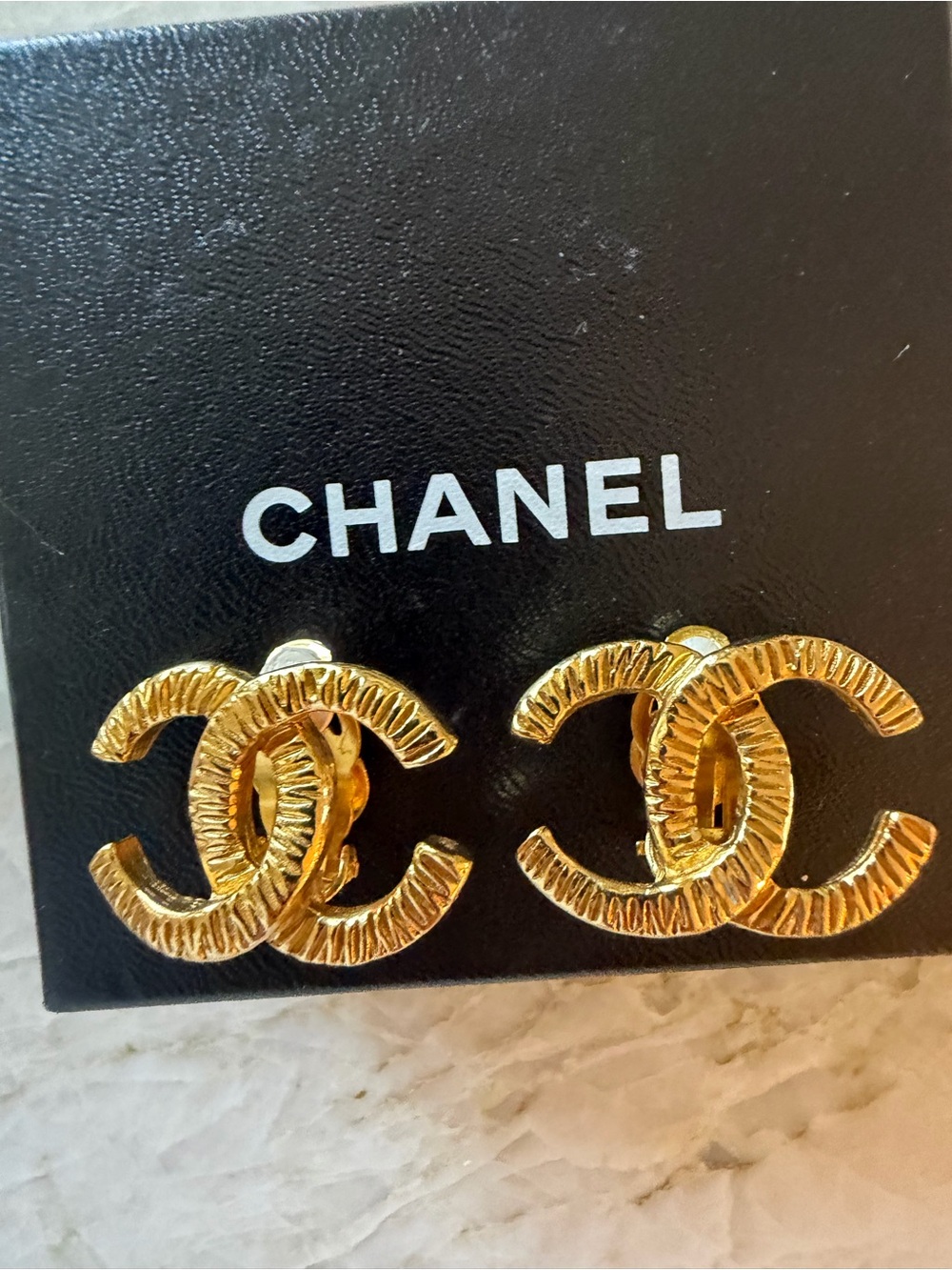 CHANEL Vintage Gold Tone Textured CC Logo Clip On Earrings Large Statement W COA